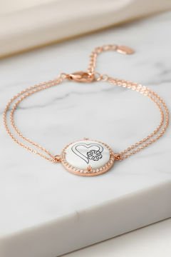 Zirkon Taşlı Kalp İçine Kar Tanesi Gümüş Bileklik Rose Rengi