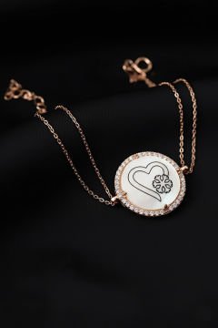 Zirkon Taşlı Kalp İçine Kar Tanesi Gümüş Bileklik Rose Rengi