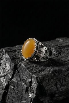 Sarı Akik Taşlı Zambak Model El İşçiliği Erkek Gümüş Yüzük