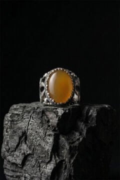 Sarı Akik Taşlı Zambak Model El İşçiliği Erkek Gümüş Yüzük