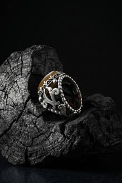 Sarı Akik Taşlı Zambak Model El İşçiliği Erkek Gümüş Yüzük