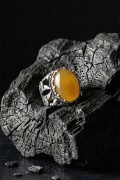 Sarı Akik Taşlı Zambak Model El İşçiliği Erkek Gümüş Yüzük