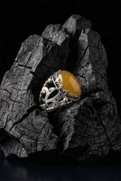 Sarı Akik Taşlı Zambak Model El İşçiliği Erkek Gümüş Yüzük