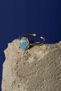 Akuamarin Taşlı Minimal Gümüş Ayarlanabilir Kadın Yüzük Gümüş Rengi - 11