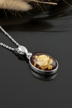 Damla Kehribar İçine Gül Oyma El İşi Gümüş Kolye