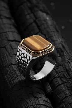 Benekli Model Kaplangözü Taşlı Gümüş Erkek Yüzük