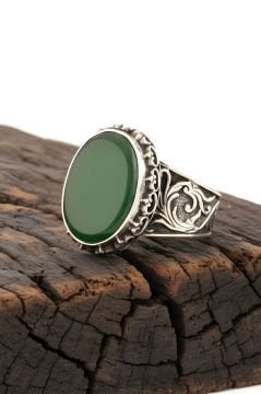 Yeşil Akik Taşlı El İşi Gümüş Yüzük