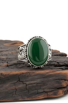 Yeşil Akik Taşlı El İşi Gümüş Yüzük