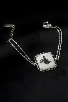 Zirkon Taş Süslemeli Tuğra Desenli Gümüş Bileklik