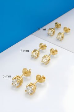 Zirkon Taşlı Tek Taş Model Üçlü Gümüş Küpe Set Altın Rengi