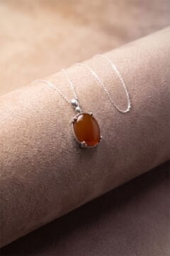 Minimalist Oval Tasarım Akik Taşlı Kadın Gümüş Kolye