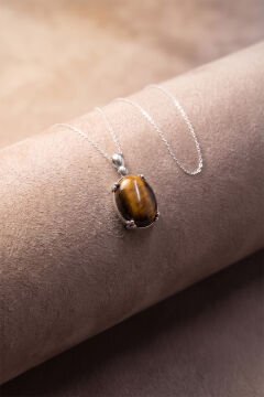 Minimalist Oval Tasarım Kaplangözü Taşlı Kadın Gümüş Kolye