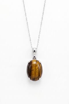 Minimalist Oval Tasarım Kaplangözü Taşlı Kadın Gümüş Kolye