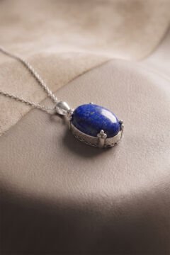 Minimalist Oval Tasarım Lapis Lazuli Taşlı Kadın Gümüş Kolye