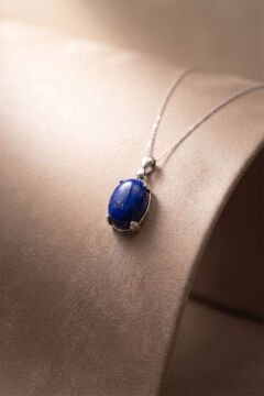 Minimalist Oval Tasarım Lapis Lazuli Taşlı Kadın Gümüş Kolye
