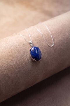 Minimalist Oval Tasarım Lapis Lazuli Taşlı Kadın Gümüş Kolye