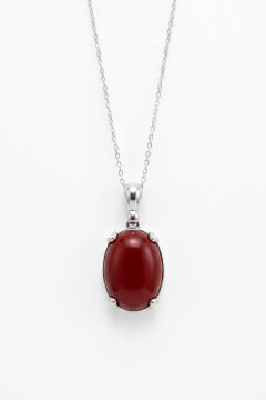 Minimalist Oval Tasarım Mercan Taşlı Kadın Gümüş Kolye