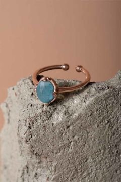 Akuamarin Taşlı Minimal Gümüş Ayarlanabilir Kadın Yüzük Rose Rengi - 10