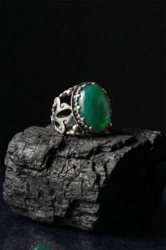 Yeşil Akik Taşlı Zambak Model El İşçiliği Erkek Gümüş Yüzük