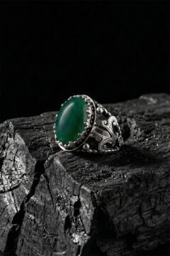 Yeşil Akik Taşlı Zambak Model El İşçiliği Erkek Gümüş Yüzük