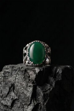 Yeşil Akik Taşlı Zambak Model El İşçiliği Erkek Gümüş Yüzük