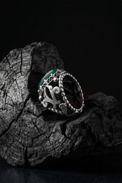 Yeşil Akik Taşlı Zambak Model El İşçiliği Erkek Gümüş Yüzük