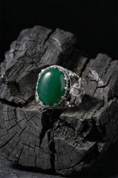 Yeşil Akik Taşlı Zambak Model El İşçiliği Erkek Gümüş Yüzük