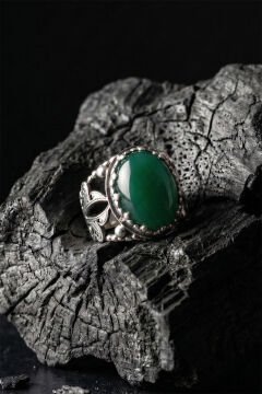 Yeşil Akik Taşlı Zambak Model El İşçiliği Erkek Gümüş Yüzük