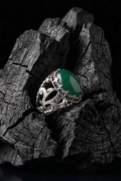 Yeşil Akik Taşlı Zambak Model El İşçiliği Erkek Gümüş Yüzük