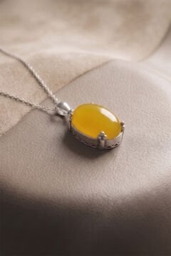 Minimalist Oval Tasarım Sarı Akik Taşlı Kadın Gümüş Kolye