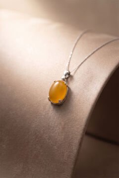 Minimalist Oval Tasarım Sarı Akik Taşlı Kadın Gümüş Kolye