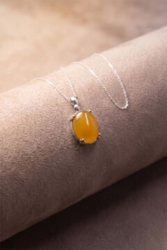 Minimalist Oval Tasarım Sarı Akik Taşlı Kadın Gümüş Kolye