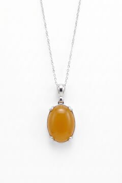 Minimalist Oval Tasarım Sarı Akik Taşlı Kadın Gümüş Kolye
