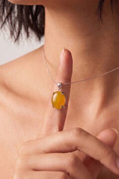 Minimalist Oval Tasarım Sarı Akik Taşlı Kadın Gümüş Kolye
