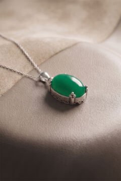 Minimalist Oval Tasarım Yeşil Akik Taşlı Kadın Gümüş Kolye