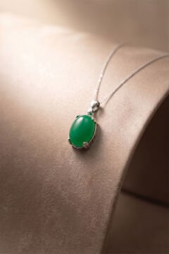 Minimalist Oval Tasarım Yeşil Akik Taşlı Kadın Gümüş Kolye