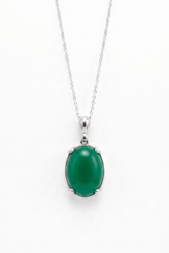 Minimalist Oval Tasarım Yeşil Akik Taşlı Kadın Gümüş Kolye