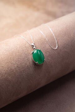 Minimalist Oval Tasarım Yeşil Akik Taşlı Kadın Gümüş Kolye