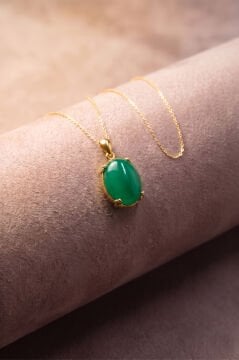Minimalist Oval Tasarım Yeşil Akik Taşlı Kadın Gümüş Kolye Altın Rengi