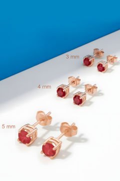 Yakut Renk Zirkon Taşlı Tek Taş Üçlü Gümüş Küpe Set Rose Rengi