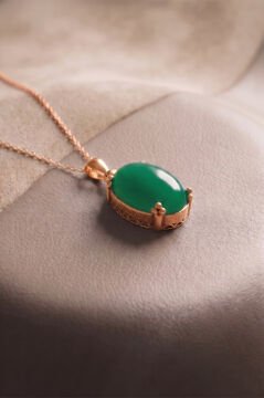 Minimalist Oval Tasarım Yeşil Akik Taşlı Kadın Gümüş Kolye Rose Rengi