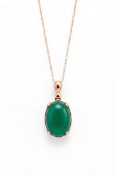 Minimalist Oval Tasarım Yeşil Akik Taşlı Kadın Gümüş Kolye Rose Rengi