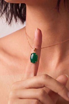 Minimalist Oval Tasarım Yeşil Akik Taşlı Kadın Gümüş Kolye Rose Rengi
