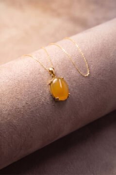Minimalist Oval Tasarım Sarı Akik Taşlı Kadın Gümüş Kolye Altın Rengi