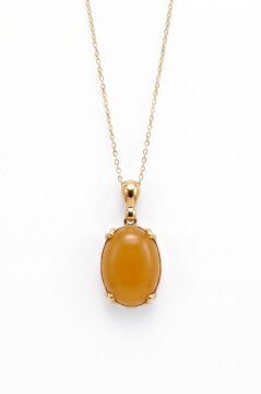 Minimalist Oval Tasarım Sarı Akik Taşlı Kadın Gümüş Kolye Altın Rengi