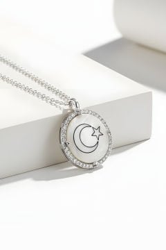 Zirkon Taş Süslemeli Ay Yıldız Gümüş Kolye