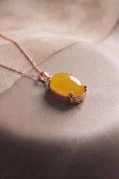 Minimalist Oval Tasarım Sarı Akik Taşlı Kadın Gümüş Kolye Rose Rengi
