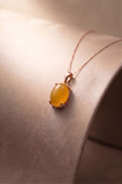 Minimalist Oval Tasarım Sarı Akik Taşlı Kadın Gümüş Kolye Rose Rengi