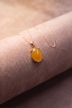 Minimalist Oval Tasarım Sarı Akik Taşlı Kadın Gümüş Kolye Rose Rengi