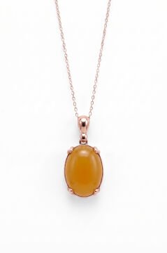 Minimalist Oval Tasarım Sarı Akik Taşlı Kadın Gümüş Kolye Rose Rengi